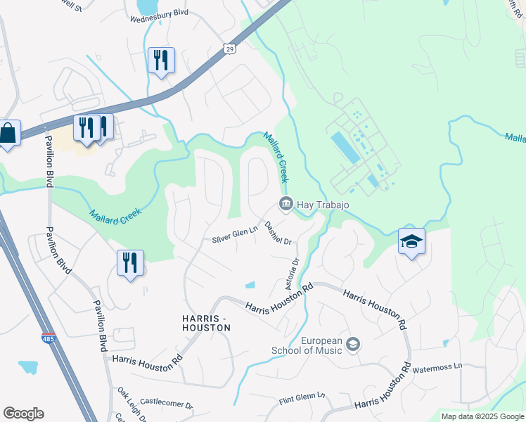 map of restaurants, bars, coffee shops, grocery stores, and more near 11305 Silver Glen Lane in Charlotte