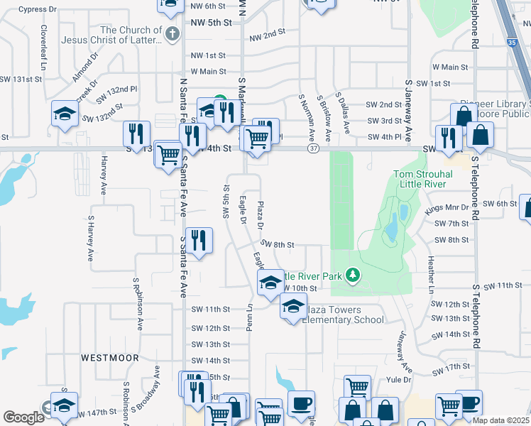 map of restaurants, bars, coffee shops, grocery stores, and more near 804 Plaza Drive in Moore