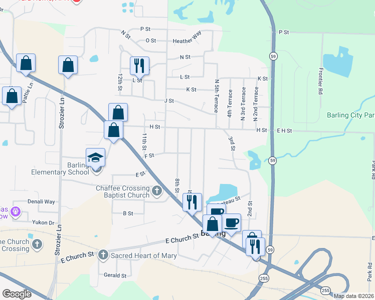 map of restaurants, bars, coffee shops, grocery stores, and more near 701 7th Street in Barling
