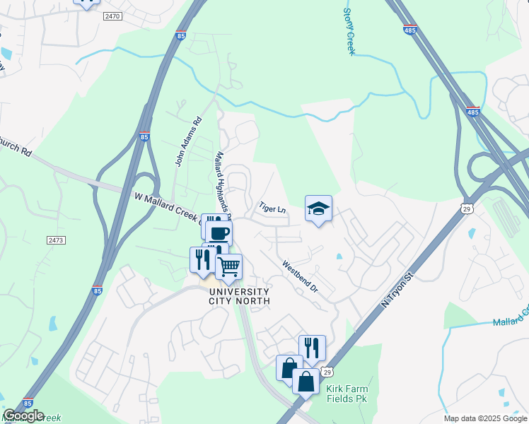 map of restaurants, bars, coffee shops, grocery stores, and more near 965 Tiger Lane in Charlotte