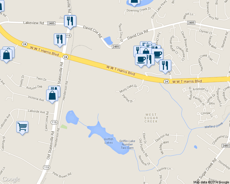 map of restaurants, bars, coffee shops, grocery stores, and more near 5109 Misty Oaks Drive in Charlotte