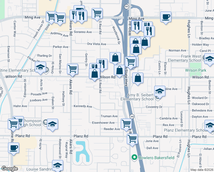 map of restaurants, bars, coffee shops, grocery stores, and more near 3612 Sampson Court in Bakersfield