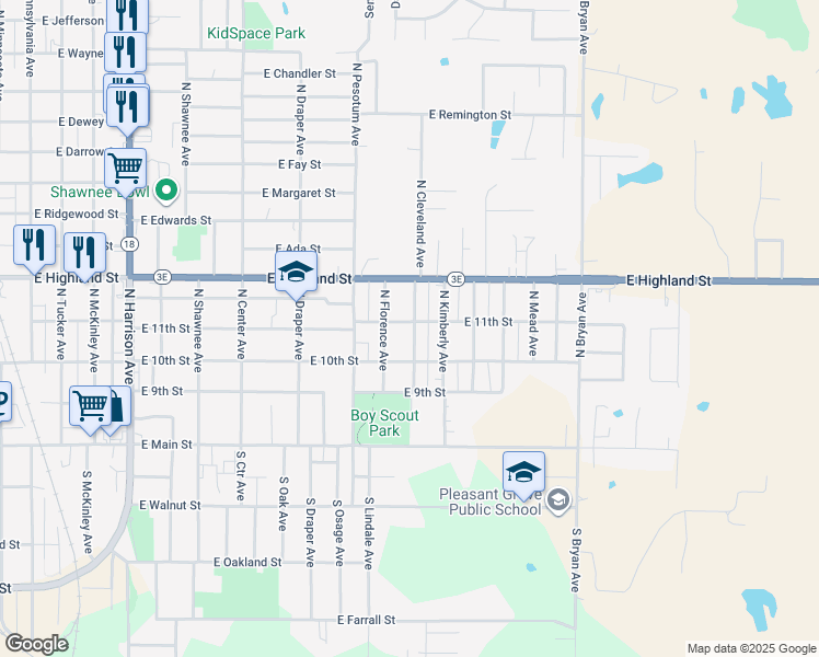 map of restaurants, bars, coffee shops, grocery stores, and more near 325 North Florence Avenue in Shawnee