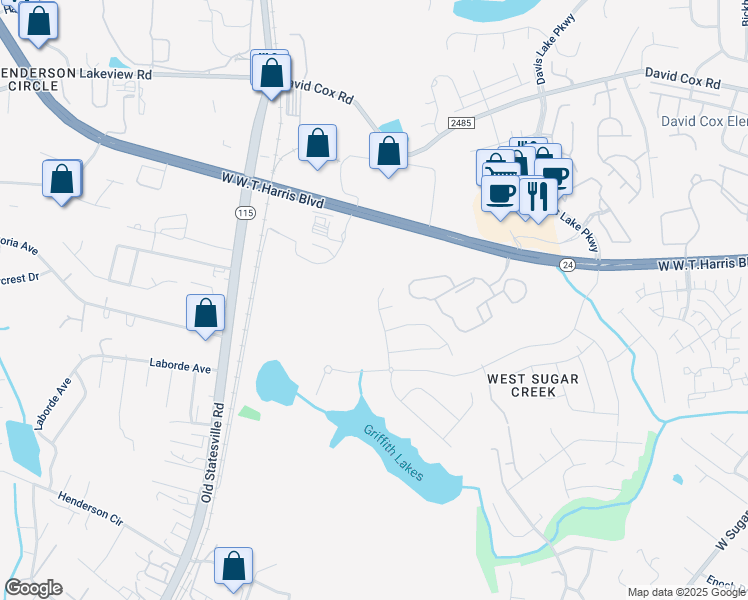 map of restaurants, bars, coffee shops, grocery stores, and more near 5114 Misty Oaks Drive in Charlotte