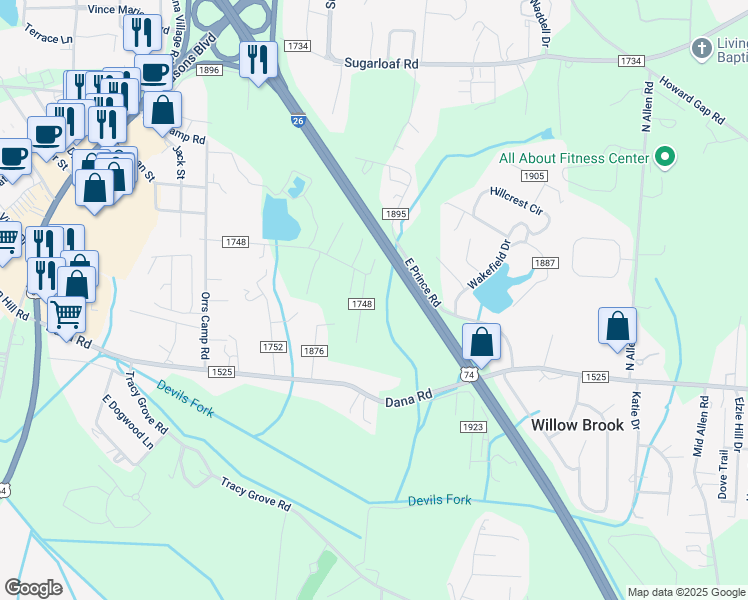 map of restaurants, bars, coffee shops, grocery stores, and more near 365 West Prince Road in Hendersonville