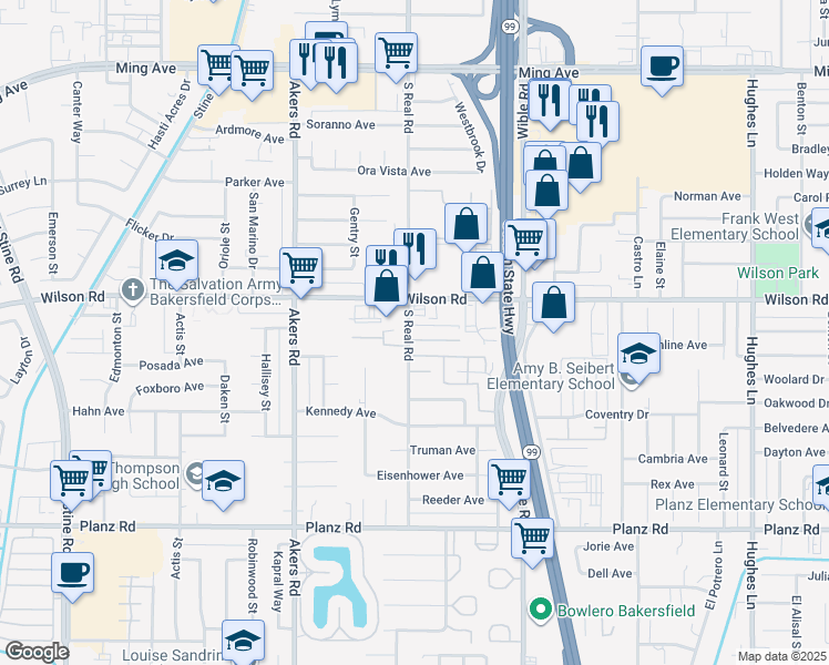 map of restaurants, bars, coffee shops, grocery stores, and more near 3612 Sampson Court in Bakersfield