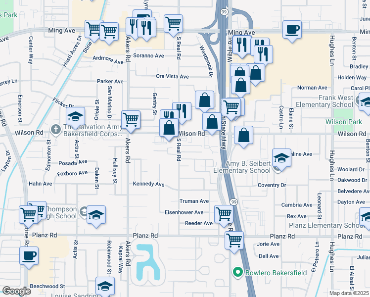 map of restaurants, bars, coffee shops, grocery stores, and more near 3612 Sampson Court in Bakersfield