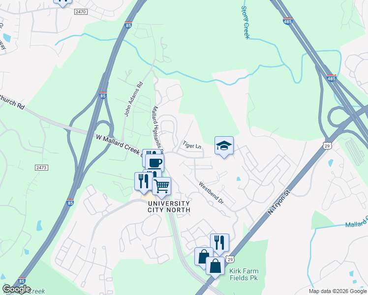 map of restaurants, bars, coffee shops, grocery stores, and more near 965 Tiger Lane in Charlotte