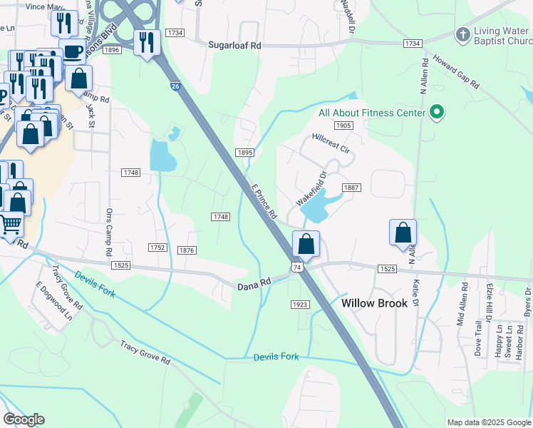 map of restaurants, bars, coffee shops, grocery stores, and more near Interstate 26 in Hendersonville