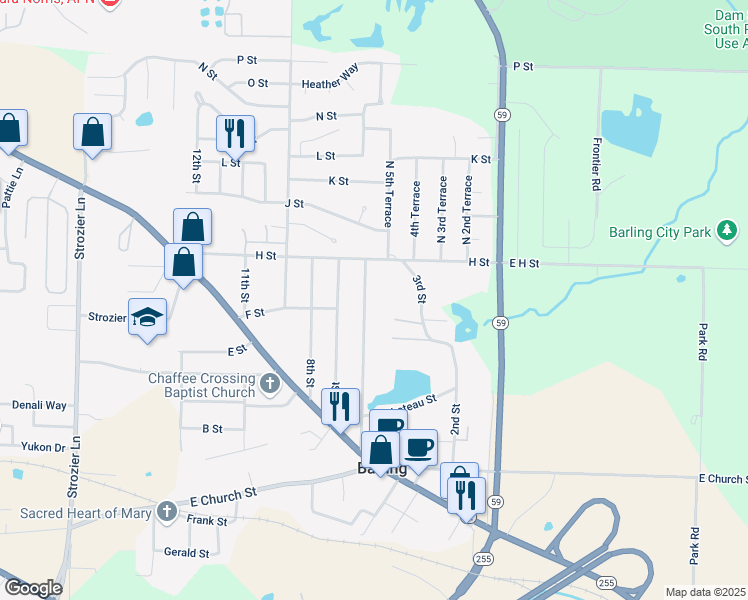 map of restaurants, bars, coffee shops, grocery stores, and more near 800 North 6th Street in Barling