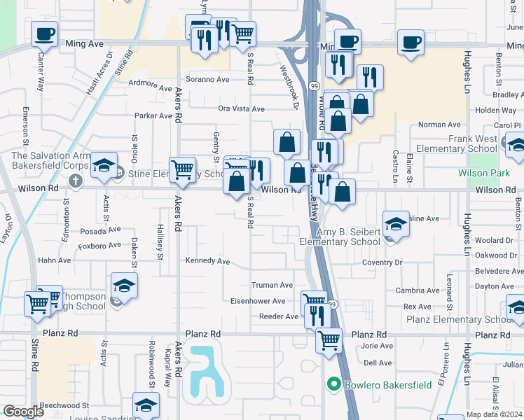 map of restaurants, bars, coffee shops, grocery stores, and more near 3612 Sampson Court in Bakersfield