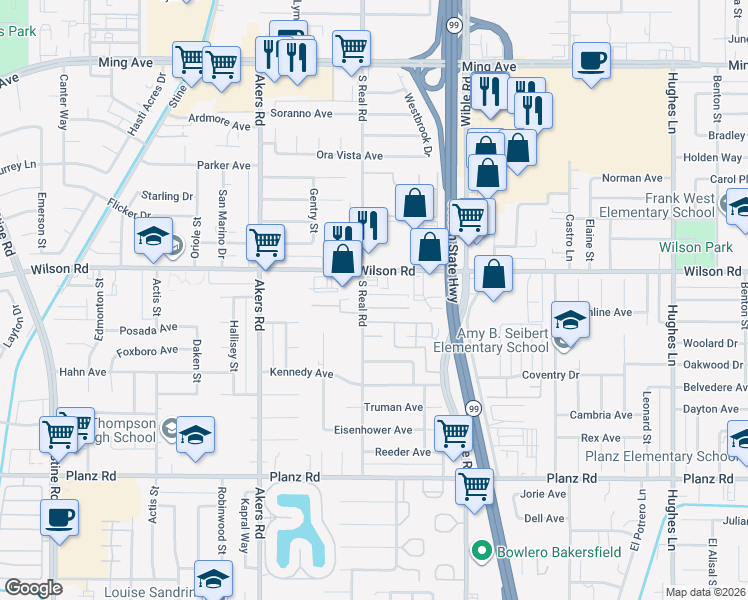map of restaurants, bars, coffee shops, grocery stores, and more near 3612 Sampson Court in Bakersfield