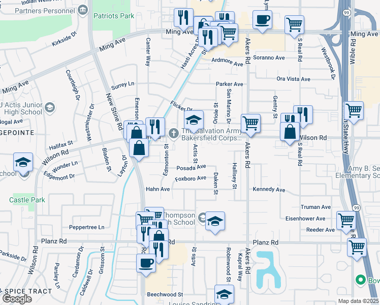 map of restaurants, bars, coffee shops, grocery stores, and more near 2609 Actis Road in Bakersfield