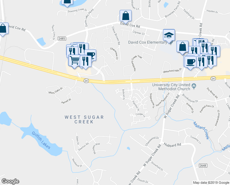 map of restaurants, bars, coffee shops, grocery stores, and more near 4585 Antelope Lane in Charlotte