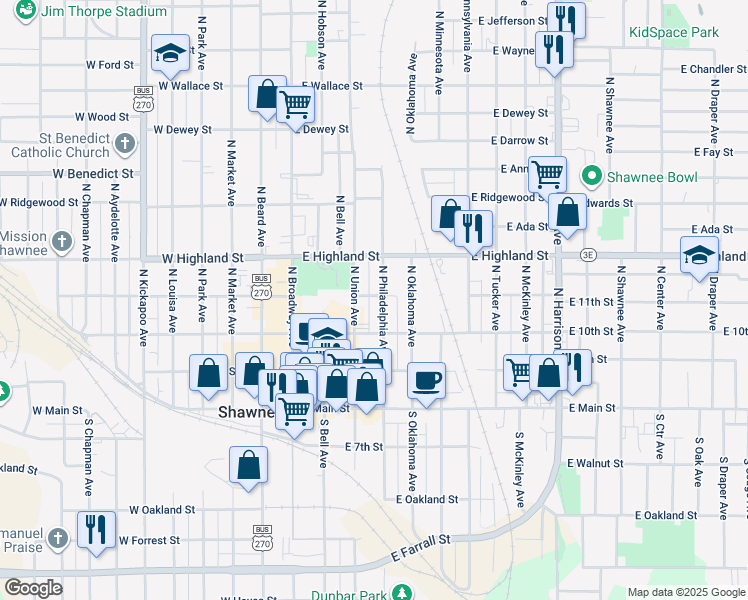 map of restaurants, bars, coffee shops, grocery stores, and more near 321 North Philadelphia Avenue in Shawnee