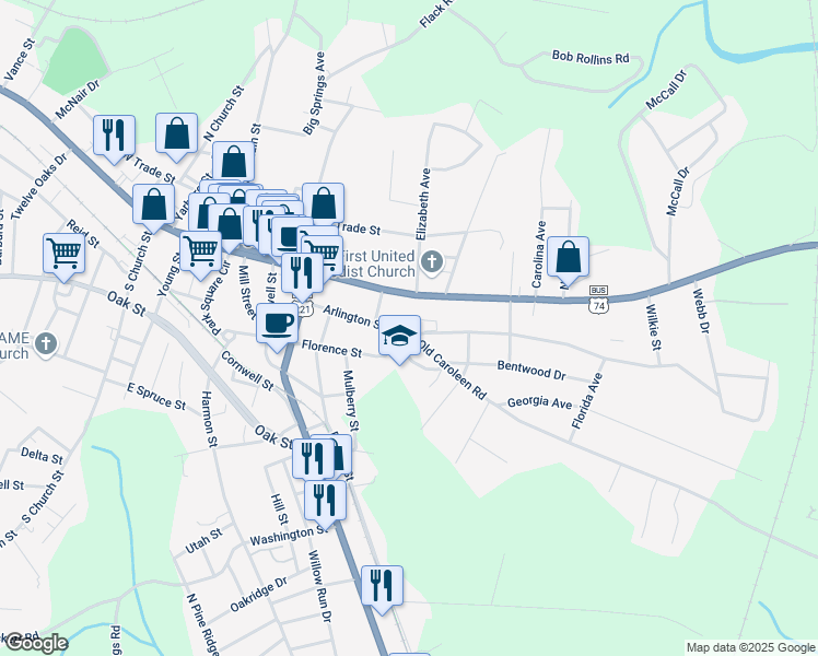 map of restaurants, bars, coffee shops, grocery stores, and more near 225 Arlington Street in Forest City