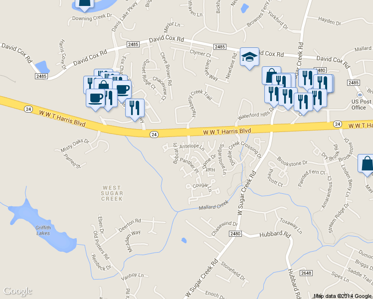map of restaurants, bars, coffee shops, grocery stores, and more near 4505 Antelope Lane in Charlotte