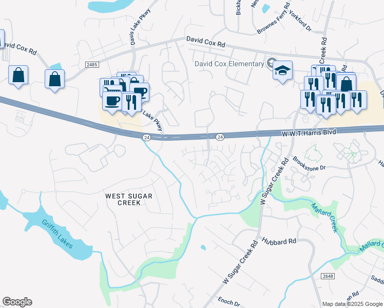 map of restaurants, bars, coffee shops, grocery stores, and more near 4553 Antelope Lane in Charlotte