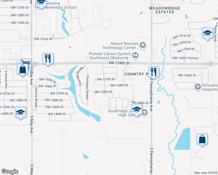 map of restaurants, bars, coffee shops, grocery stores, and more near 2313 Southwest 139th Street in Oklahoma City