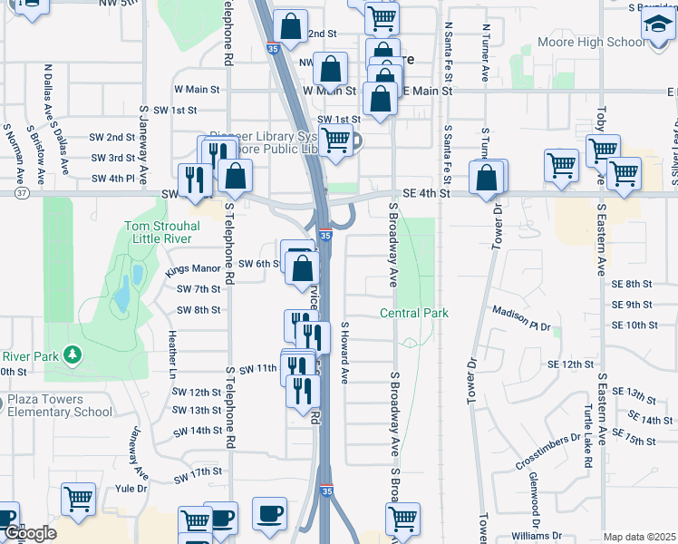 map of restaurants, bars, coffee shops, grocery stores, and more near 721 South Howard Avenue in Moore