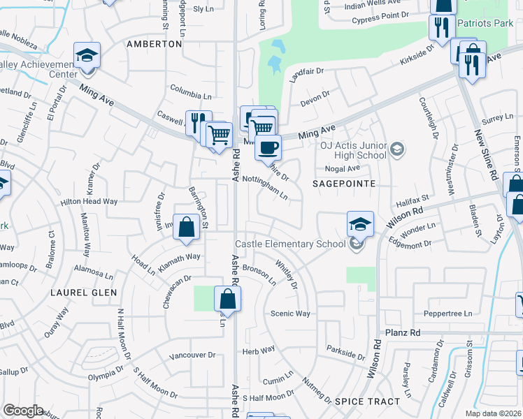 map of restaurants, bars, coffee shops, grocery stores, and more near 6413 Manchester Lane in Bakersfield
