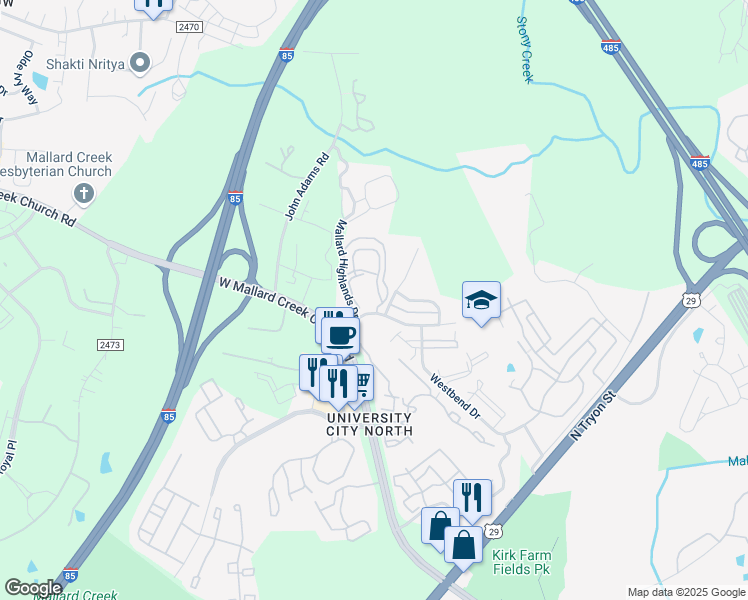map of restaurants, bars, coffee shops, grocery stores, and more near 9620 Puddle Duck Road in Charlotte