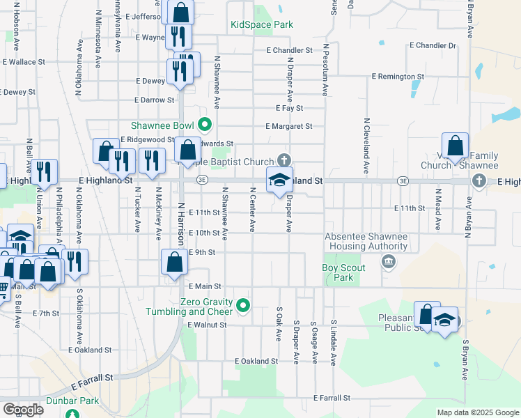 map of restaurants, bars, coffee shops, grocery stores, and more near 1208 East 11th Street in Shawnee