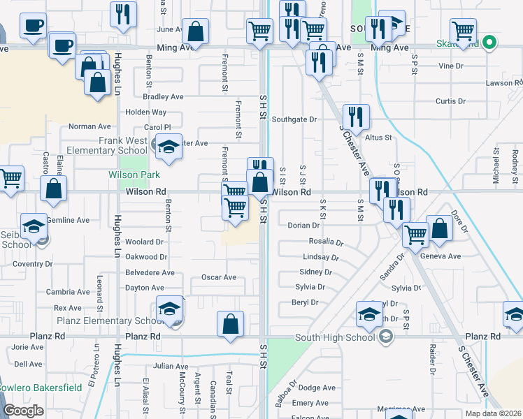 map of restaurants, bars, coffee shops, grocery stores, and more near 1711 Wilson Road in Bakersfield