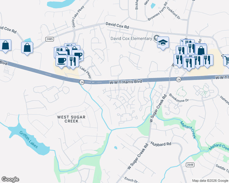 map of restaurants, bars, coffee shops, grocery stores, and more near 4511 Antelope Lane in Charlotte