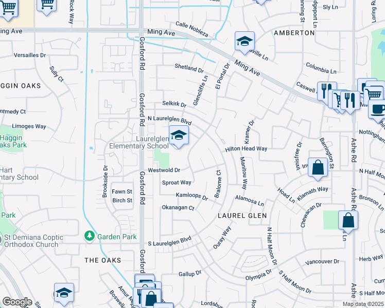 map of restaurants, bars, coffee shops, grocery stores, and more near 2516 El Portal Drive in Bakersfield