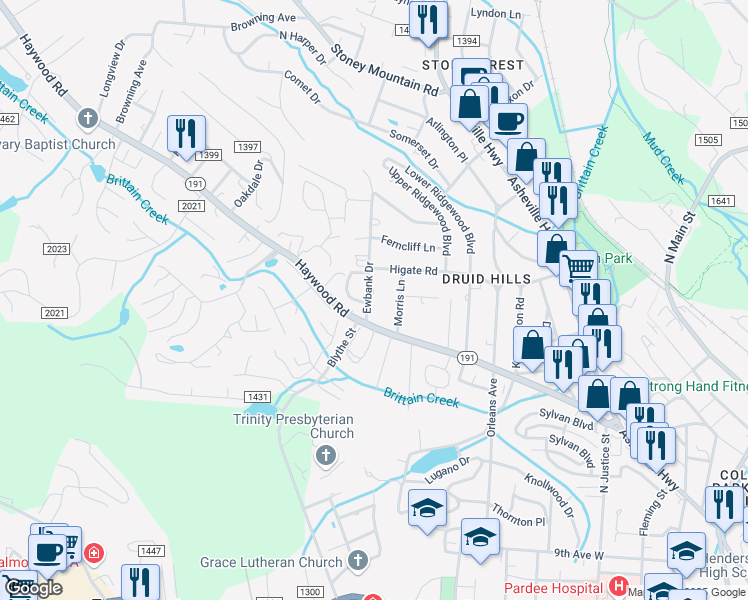 map of restaurants, bars, coffee shops, grocery stores, and more near 114 Ewbank Drive in Hendersonville