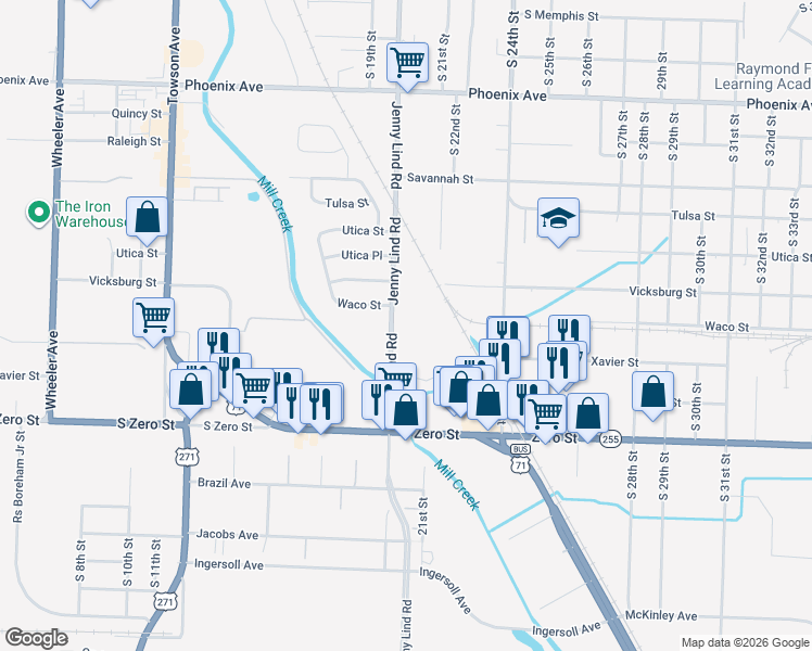 map of restaurants, bars, coffee shops, grocery stores, and more near 5401 Jenny Lind Road in Fort Smith