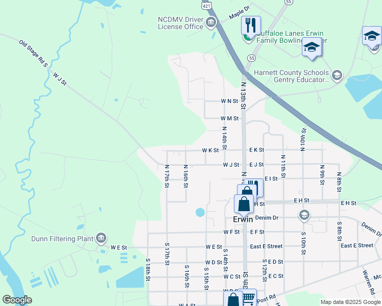 map of restaurants, bars, coffee shops, grocery stores, and more near 309 West K Street in Erwin