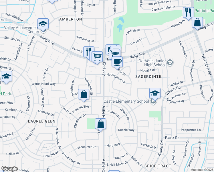 map of restaurants, bars, coffee shops, grocery stores, and more near 2608 Ashe Road in Bakersfield