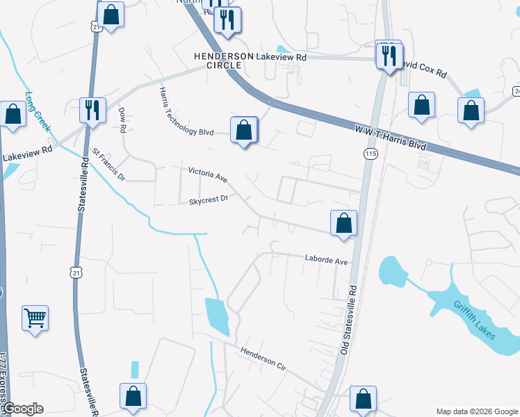 map of restaurants, bars, coffee shops, grocery stores, and more near 4 Ocklawana Street in Charlotte