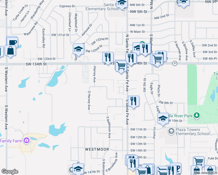 map of restaurants, bars, coffee shops, grocery stores, and more near 13816 South Robinson Avenue in Oklahoma City