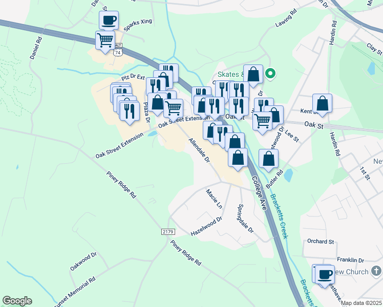 map of restaurants, bars, coffee shops, grocery stores, and more near 184 Allendale Drive in Forest City