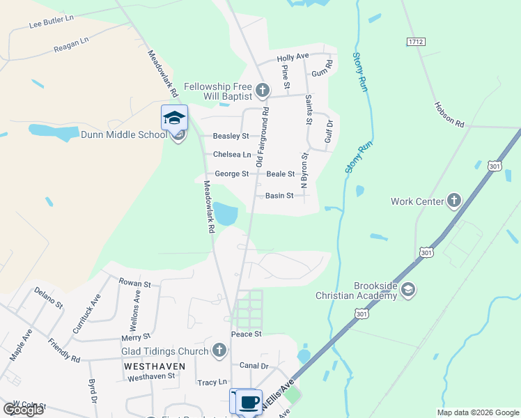 map of restaurants, bars, coffee shops, grocery stores, and more near 1020 Fairground Road in Dunn