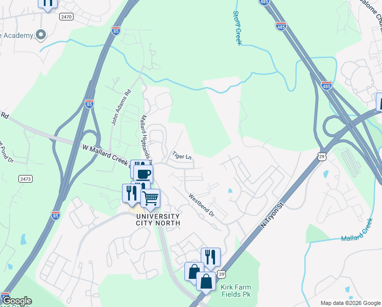 map of restaurants, bars, coffee shops, grocery stores, and more near 868 Tiger Lane in Charlotte
