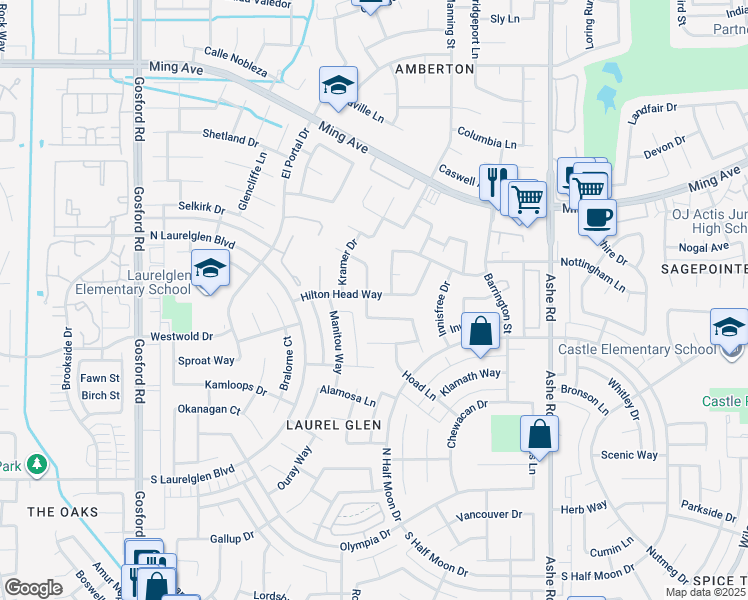 map of restaurants, bars, coffee shops, grocery stores, and more near 2600 Moffitt Way in Bakersfield