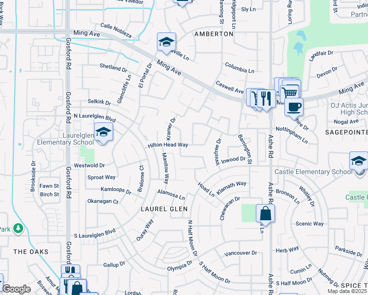 map of restaurants, bars, coffee shops, grocery stores, and more near 2600 Moffitt Way in Bakersfield