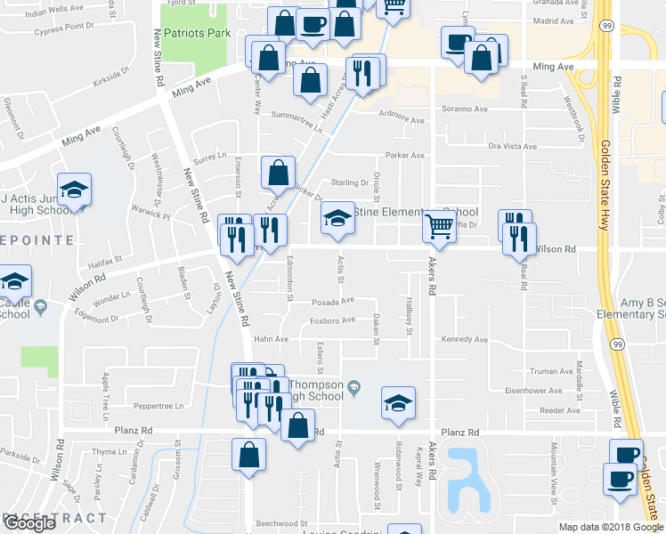 map of restaurants, bars, coffee shops, grocery stores, and more near 2609 Actis Road in Bakersfield