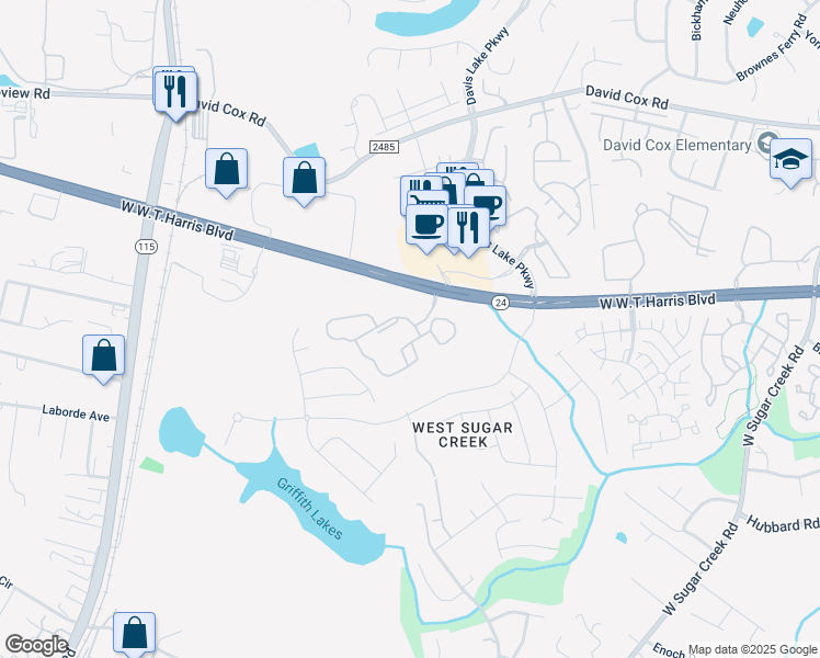 map of restaurants, bars, coffee shops, grocery stores, and more near 7909 Shadow Oaks Drive in Charlotte