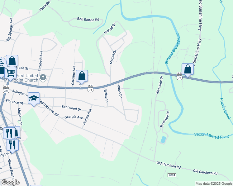 map of restaurants, bars, coffee shops, grocery stores, and more near 146 Webb Drive in Forest City