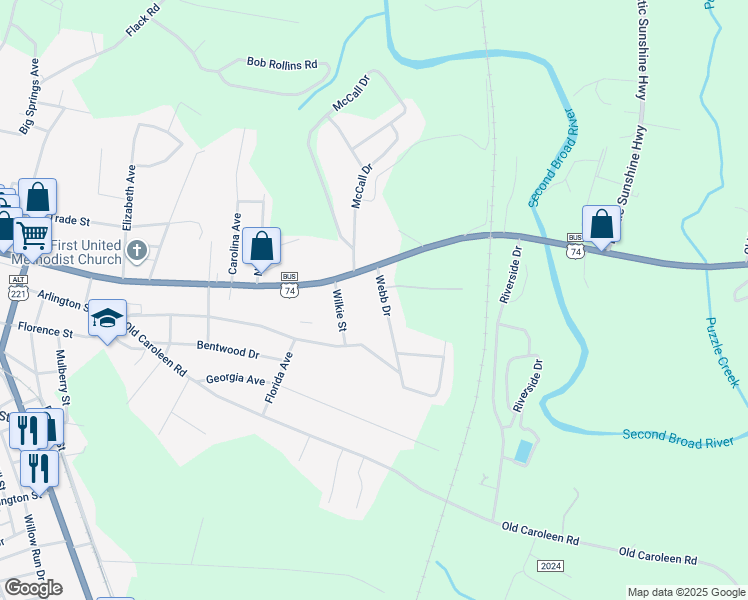 map of restaurants, bars, coffee shops, grocery stores, and more near 146 Webb Drive in Forest City
