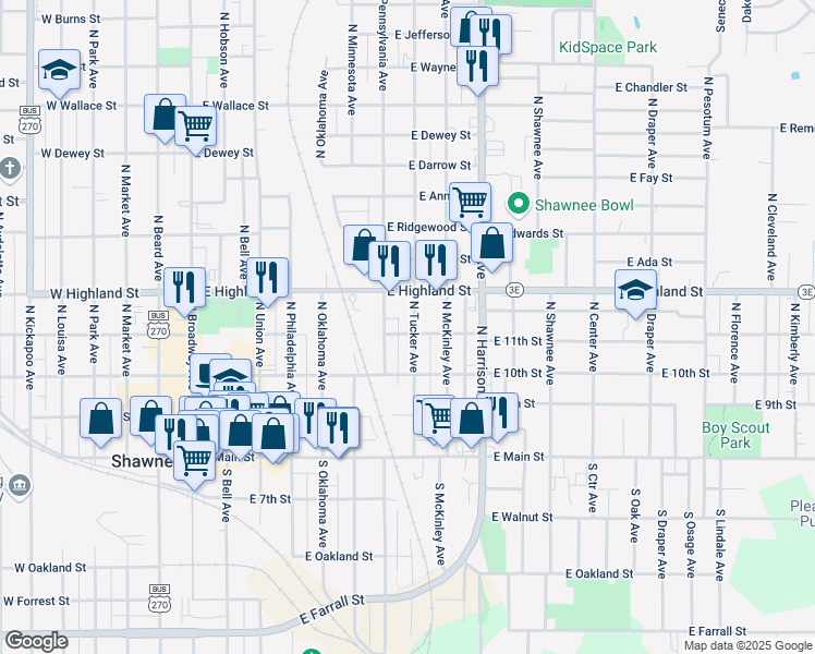 map of restaurants, bars, coffee shops, grocery stores, and more near 326 North Tucker Avenue in Shawnee