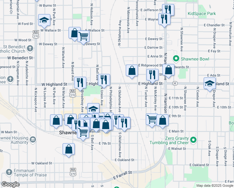 map of restaurants, bars, coffee shops, grocery stores, and more near 321 North Philadelphia Avenue in Shawnee