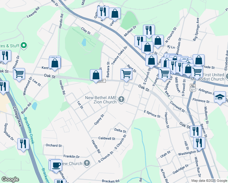 map of restaurants, bars, coffee shops, grocery stores, and more near 226 Forest Street in Forest City
