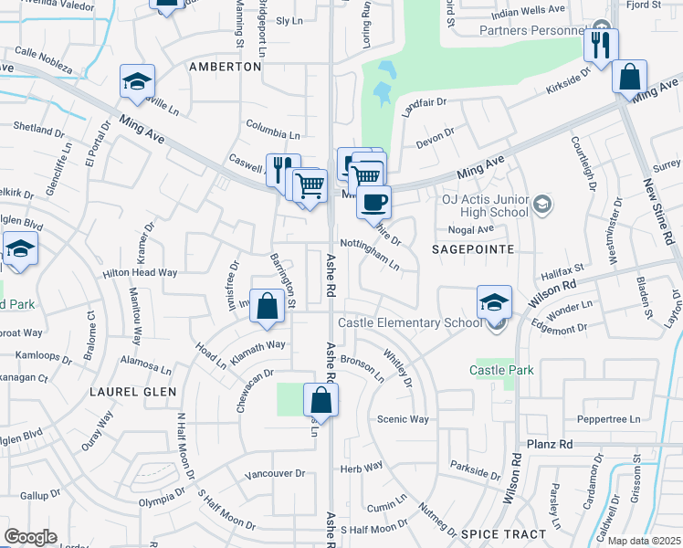map of restaurants, bars, coffee shops, grocery stores, and more near 2608 Ashe Road in Bakersfield