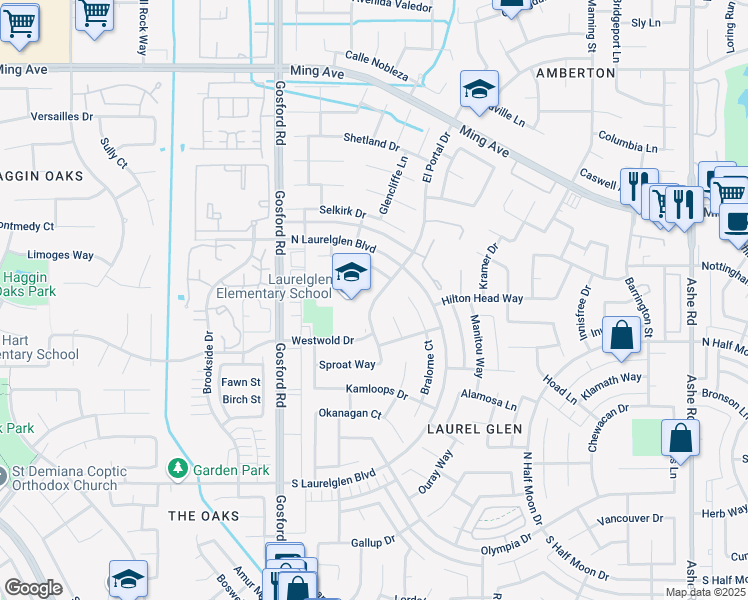 map of restaurants, bars, coffee shops, grocery stores, and more near 2600 El Portal Drive in Bakersfield